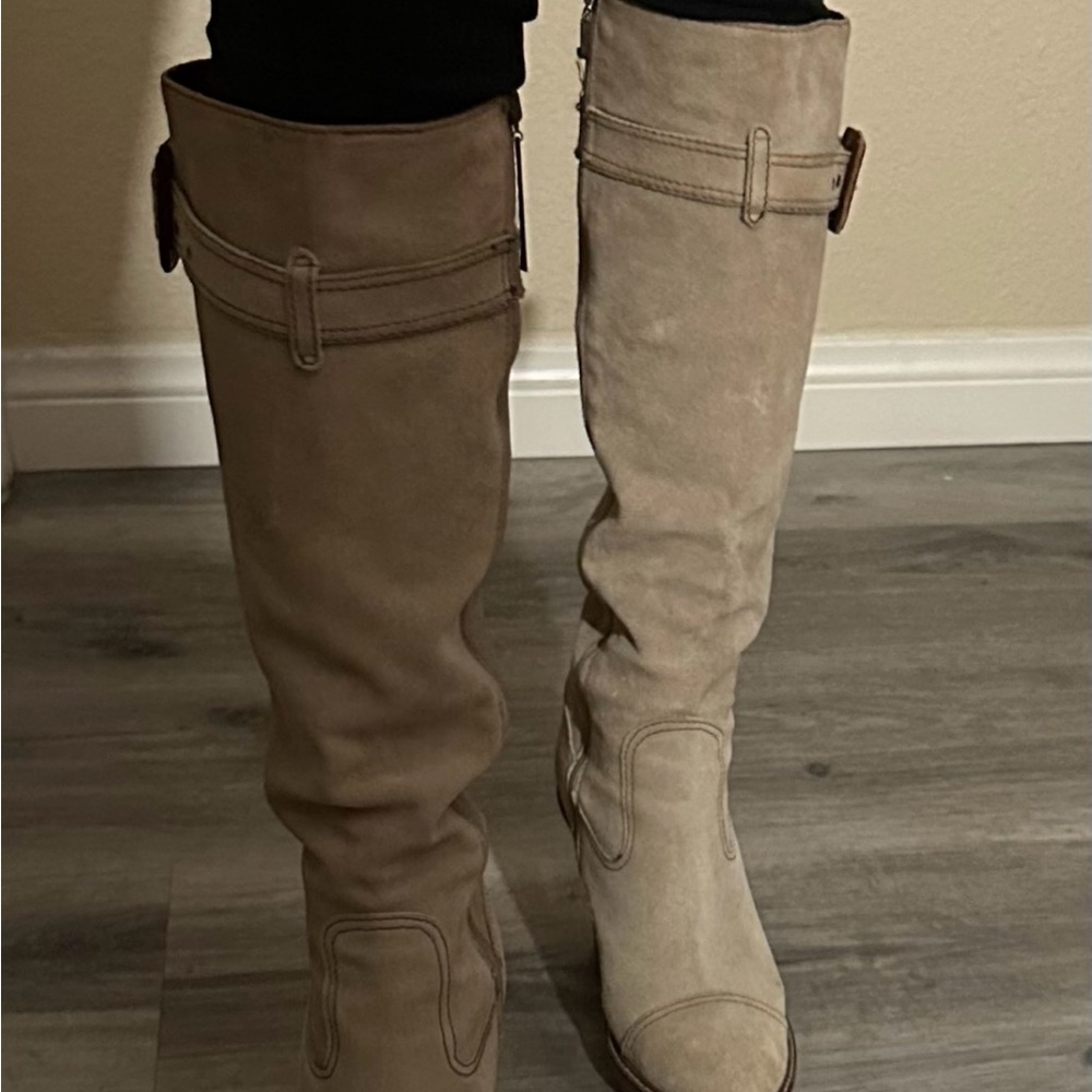 Tan Over the Knee Boots with Suede Texture and Buckle Detail
